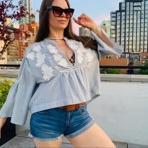 Free People Stripe Flower Flare Bottom Crop Top